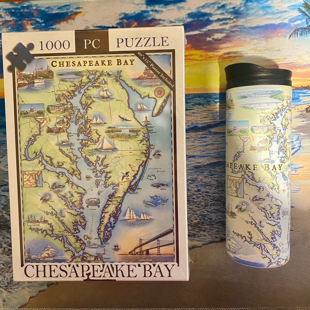 Chesapeake Bay 1000-Pc Jigsaw Puzzle - Nautical Map  & 16 oz hot/cold travel mug